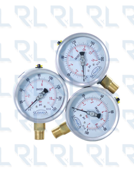 Manómetro Caja Acero Inoxidable 4" Conexión Vertical 1/2" NPT  BRONCE Calibrable SUMMA