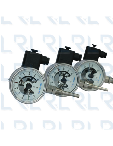 Termómetro Contactos Eléctricos Total Acero Inoxidable, Caratula 4" x Bulbo 4", Conexión Vertical 1/2" NPT