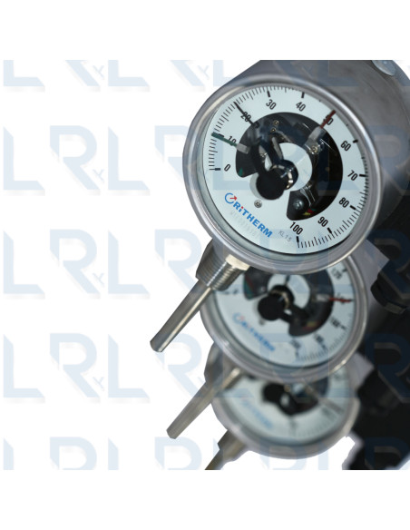 Termómetro Contactos Eléctricos Total Acero Inoxidable, Caratula 4" x Bulbo 4", Conexión Vertical 1/2" NPT