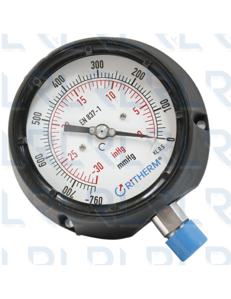 Vacuómetro Caja Fenólica 4.5", Conexión Vertical 1/2" NPT en Acero Inoxidable