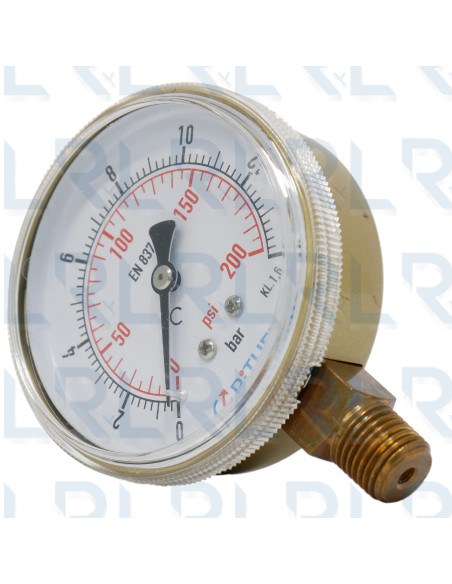 Manómetro Caja Dorada 2.5", Conexión  Vertical 1/4" NPT en Bronce