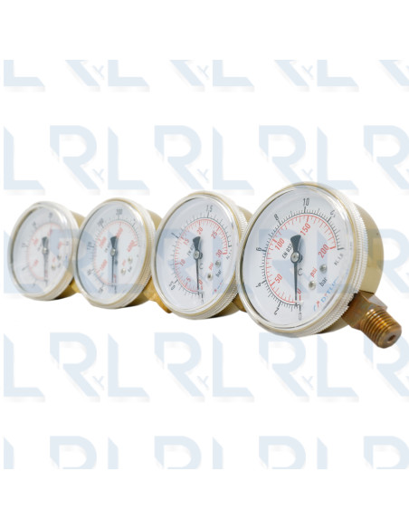 Manómetro Caja Dorada 2.5", Conexión  Vertical 1/4" NPT en Bronce