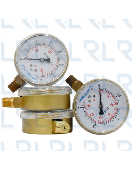 Manómetro Caja Dorada 2.5", Conexión  Vertical 1/4" NPT en Bronce