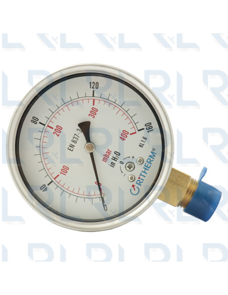 Manómetro Caja Acero Inoxidable 4", Conexión Vertical 1/2" NPT en Bronce (Pulgadas de Agua)