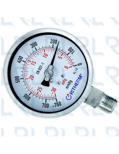 Vacuómetro Total Acero Inoxidable 4" Conexión Vertical 1/2" NPT Calibrable