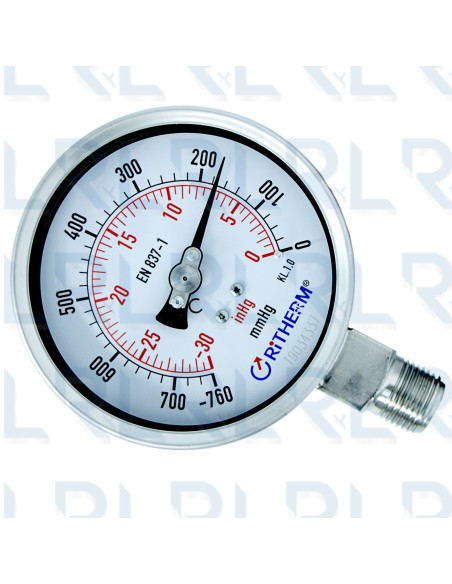 Vacuómetro Total Acero Inoxidable 4" Conexión Vertical 1/2" NPT Calibrable