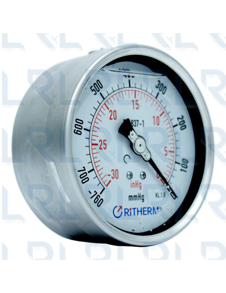 Vacuómetro Total Acero Inoxidable 4",  Conexión Trasera 1/2" NPT Calibrable